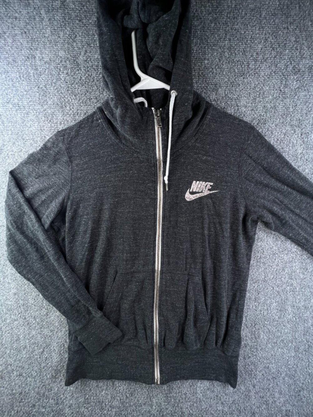 Nike Girls Jacket Large Gray Hooded Logo Pockets Full Zip Long Sleeve Youth